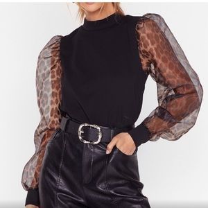 NWT Nasty Gal Sheer Leopard Sleeve Black Top Organza Size 10 Cropped